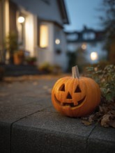 A carved pumpkin with a smiling face stands on a house wall in front of a residential building,