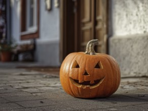 A carved pumpkin with a smiling face stands on a house wall in front of a residential building,