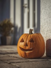 A carved pumpkin with a smiling face stands on a house wall in front of a residential building,