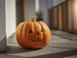 A carved pumpkin with a smiling face stands on a house wall in front of a residential building,