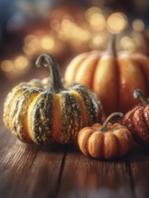 Various ornamental pumpkins, decoratively arranged on a wooden panel, KI generated, KI generated