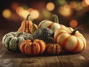 Various ornamental pumpkins, decoratively arranged on a wooden panel, KI generated, KI generated