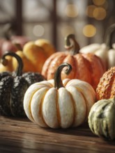 Various ornamental pumpkins, decoratively arranged on a wooden panel, KI generated, KI generated