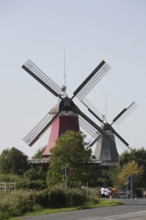 Twin mills Greetsiel Krummhörn East Frisia, Germany
