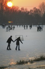 Ice skaters, sport, ice rink, winter, sunset, Moormerland, East Frisia, Germany