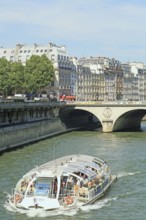Excursion boat, on the left bank of the Seine, in the background the Pont Saint-Michel bridge,