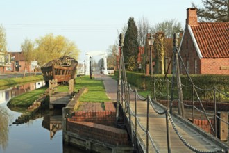 Von-Velen-Anlage, museum, rural scene, canal, bridge, Papenburg, Emsland, Germany