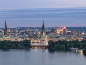 Aerial view of the Outer Alster and Binnenslater at dusk during the Blue Hour with illuminated