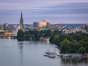 Aerial view of the Outer Alster and Binnenslater at dusk during the Blue Hour with illuminated