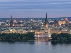Aerial view of the Outer Alster and Binnenslater at dusk during the Blue Hour with illuminated