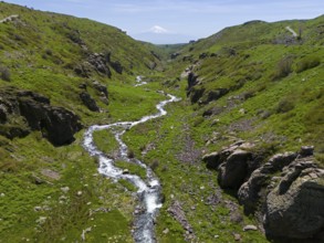 A winding river meanders through a green gorge with a view of a distant snow-capped mountain,