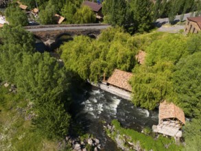 Aerial view of a river surrounded by lush trees and a small bridge, aerial view, bridge from 1705