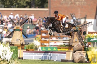 Sanne Thijssen of the Netherlands, riding Cupcake Z, competes in the first round of the 2025 BMO