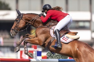 Alessandra Reich of Austria, riding Oeli R, competes in the first round of the 2025 BMO Nations Cup