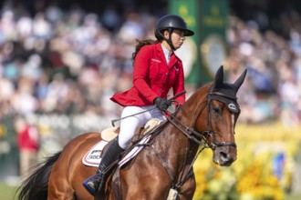 Alessandra Reich of Austria, riding Oeli R, competes in the first round of the 2025 BMO Nations Cup