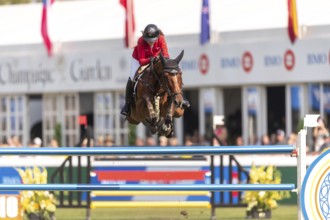 Alessandra Reich of Austria, riding Oeli R, competes in the first round of the 2025 BMO Nations Cup