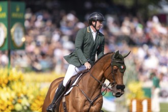 Jordan Coyle of Ireland, riding Chaccolino, competes in the first round of the 2025 BMO Nations Cup
