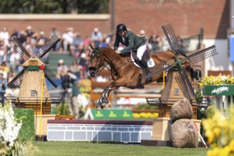 Jordan Coyle of Ireland, riding Chaccolino, competes in the first round of the 2025 BMO Nations Cup