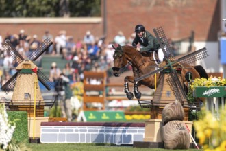 Jordan Coyle of Ireland, riding Chaccolino, competes in the first round of the 2025 BMO Nations Cup