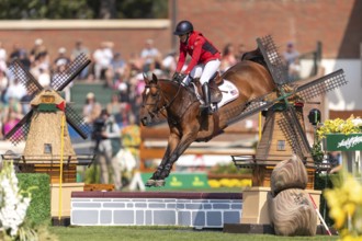 Laura Kraut of the USA, riding Tres Bien Z, competes in the first round of the 2025 BMO Nations Cup