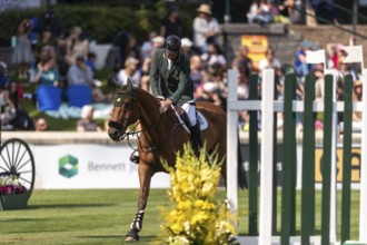 Jordan Coyle of Ireland, riding Chaccolino, competes in the first round of the 2025 BMO Nations Cup