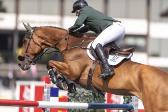 Jordan Coyle of Ireland, riding Chaccolino, competes in the first round of the 2025 BMO Nations Cup