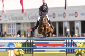 Emeric George of France, riding Dune Du Ru, competes in the first round of the 2025 BMO Nations Cup