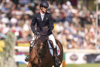 Emeric George of France, riding Dune Du Ru, competes in the first round of the 2025 BMO Nations Cup