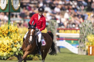 Max Kuhner of Austria, riding Count on Me, competes in the first round of the 2025 BMO Nations Cup