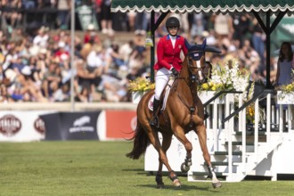 Elena Haas of the USA, riding Claude, competes in the first round of the 2025 BMO Nations Cup