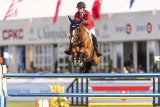 Elena Haas of the USA, riding Claude, competes in the first round of the 2025 BMO Nations Cup