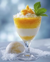 A layered mango dessert in a glass, topped with coconut flakes, fresh mango pieces, and mint