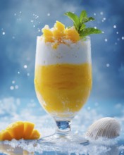 A vibrant mango smoothie is presented in a glass, garnished with fresh mint and mango chunks. A