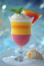 A refreshing layered cocktail with a watermelon slice and mint leaves, perfect for a hot day. The
