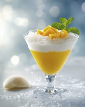 A vibrant dessert features layers of mango puree, coconut cream, and shaved ice, topped with fresh