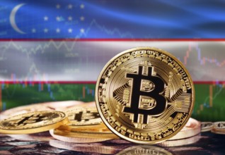 Bitcoin with Uzbekistan flag in the background. Investors in cryptocurrency and Blockchain