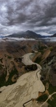 River, river course, river delta, gorge, canyon, cloudy mood, panorama, summer, aerial view,