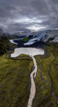 Glacier, glacial lake, cloudy mood, panorama, summer, fog, aerial view, Fjalljökull, Skaftafell,