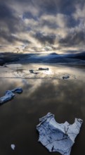 Glacier, glacial lake, cloudy mood, panorama, summer, fog, aerial view, Fjallsjökull, Iceland