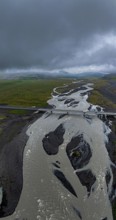 River, river course, river delta, road, bridge, cloudy mood, panorama, summer, aerial view, South