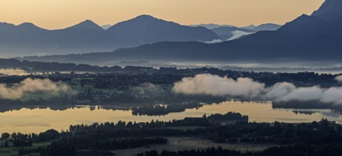 Lake, mountains, morning light, sunrise, fog, summer, panorama, Staffelsee, Murnau, Alpine