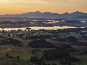 Lake, mountains, morning light, sunrise, fog, summer, Staffelsee, Murnau, Alpine foothills,
