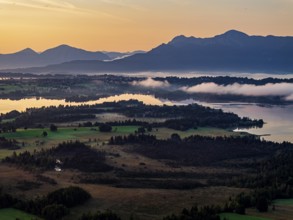 Lake, mountains, morning light, sunrise, fog, summer, Staffelsee, Murnau, Alpine foothills,