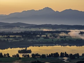 Lake, mountains, morning light, sunrise, fog, summer, Staffelsee, Murnau, Alpine foothills,