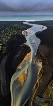 River, river course, river delta, sea, coast, clouds, panorama, summer, aerial view, South Iceland,