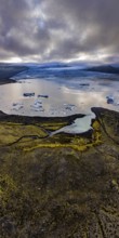 Glacier, glacial lake, cloudy mood, panorama, summer, fog, aerial view, Fjallsjökull, Iceland