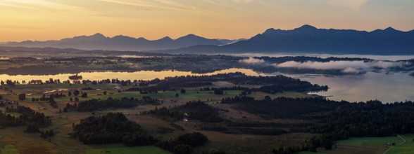 Lake, mountains, morning light, sunrise, fog, summer, panorama, Staffelsee, Murnau, Alpine