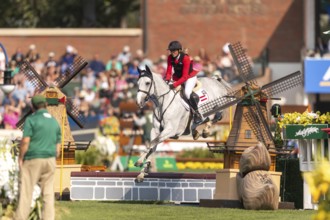 Katharina Rhomberg of Austria, riding Colestus Cambridge, competes in the first round of the 2025