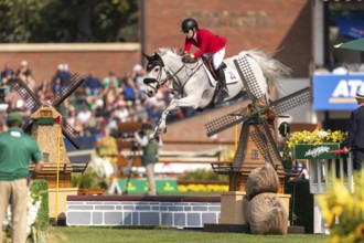 Susan Horn of Canada, riding, Dominka Van De Lucashoeve, competes in the first round of the 2025