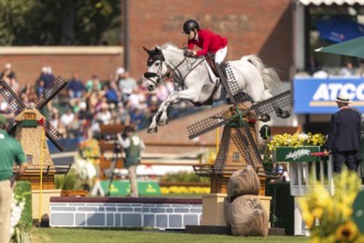 Susan Horn of Canada, riding, Dominka Van De Lucashoeve, competes in the first round of the 2025